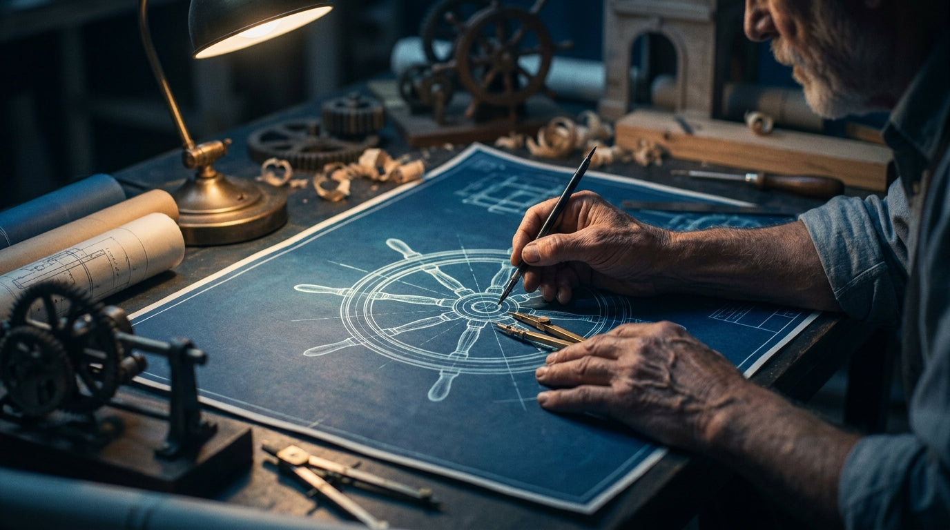 A draftsman's hands inking the helm blueprint at a night drafting table