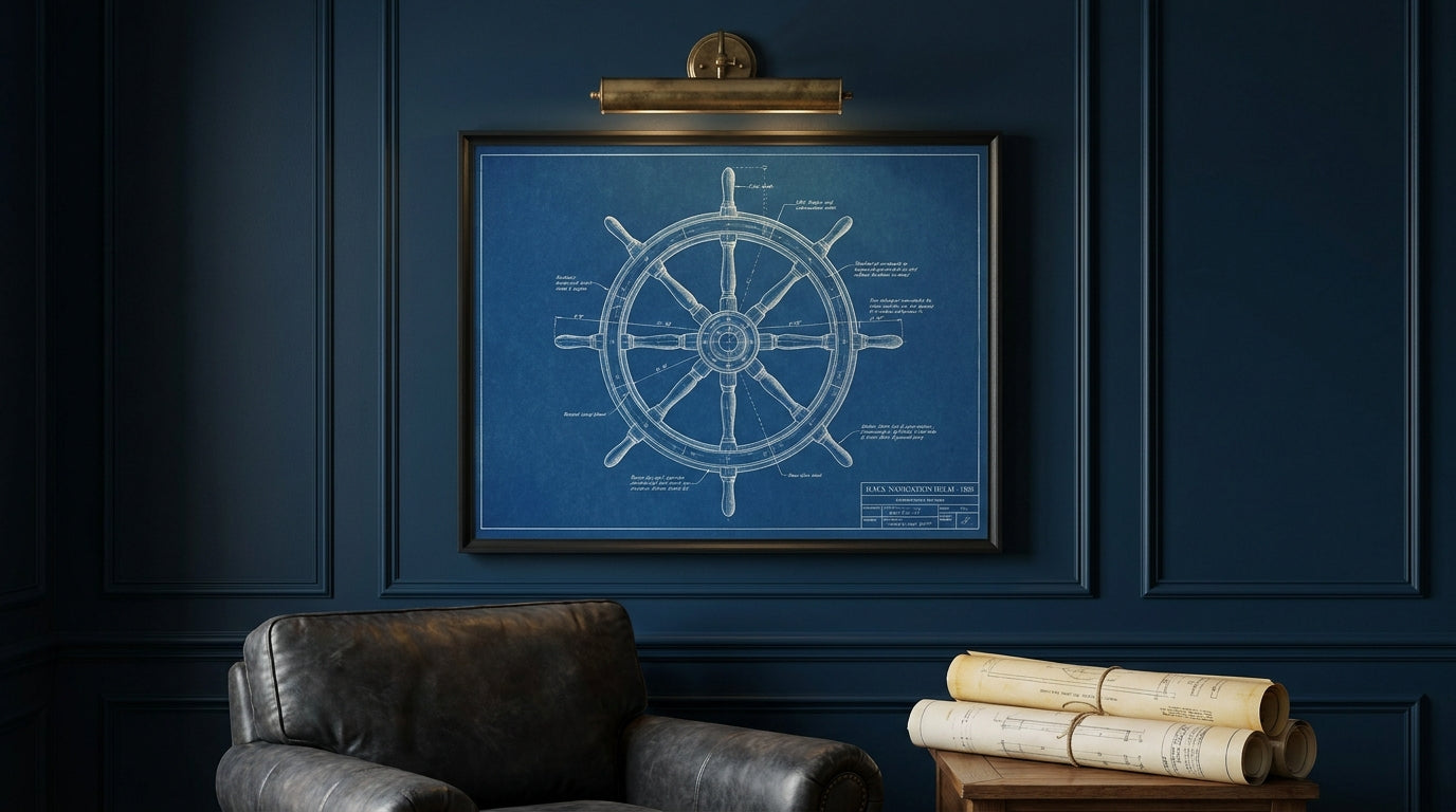 The finished helm print framed and hanging on a study wall