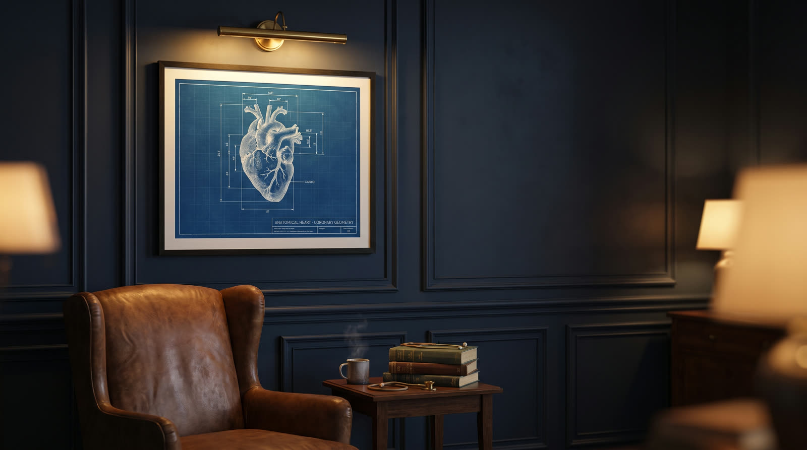 The finished anatomical heart print framed and hanging on a study wall