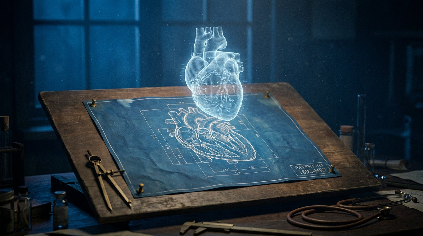 An anatomical heart blueprint coming to life above the drafting sheet