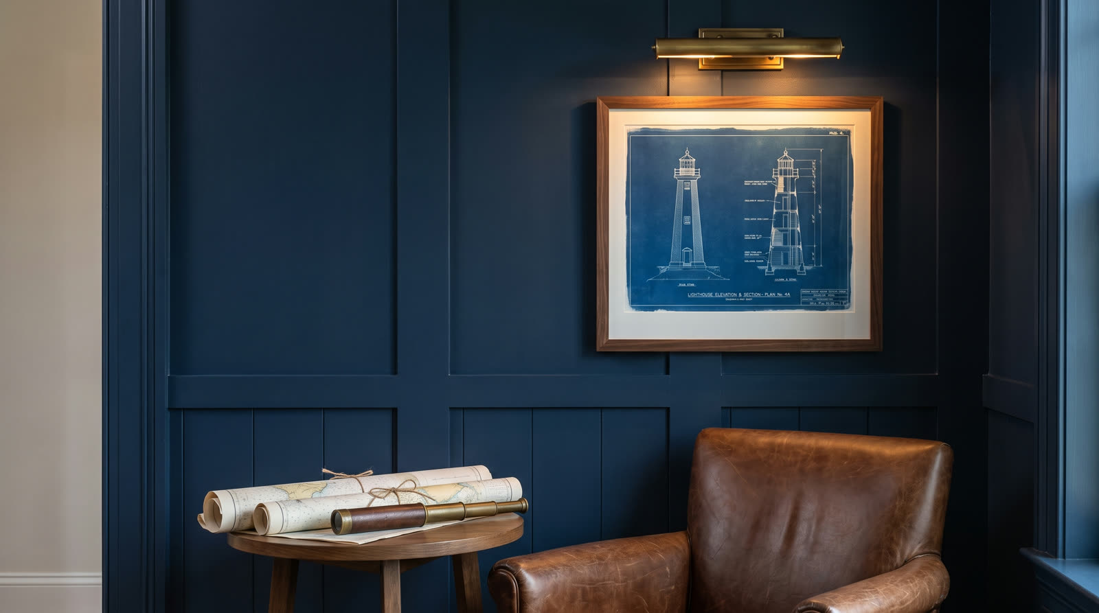 The finished lighthouse print framed and hanging on a coastal study wall