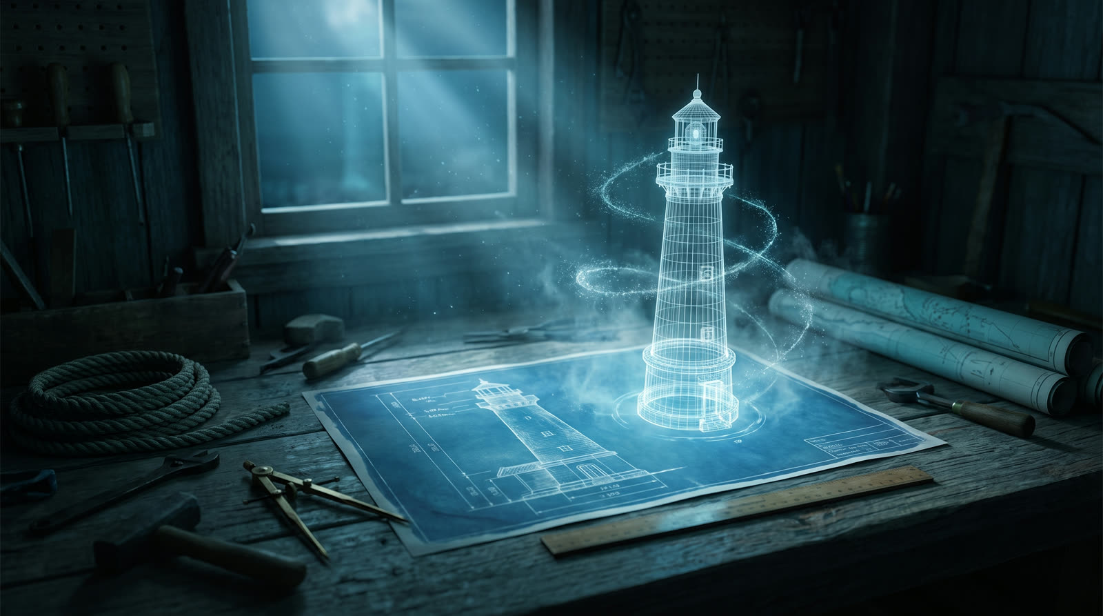 A lighthouse blueprint lifting off the drafting sheet as a glowing wireframe hologram