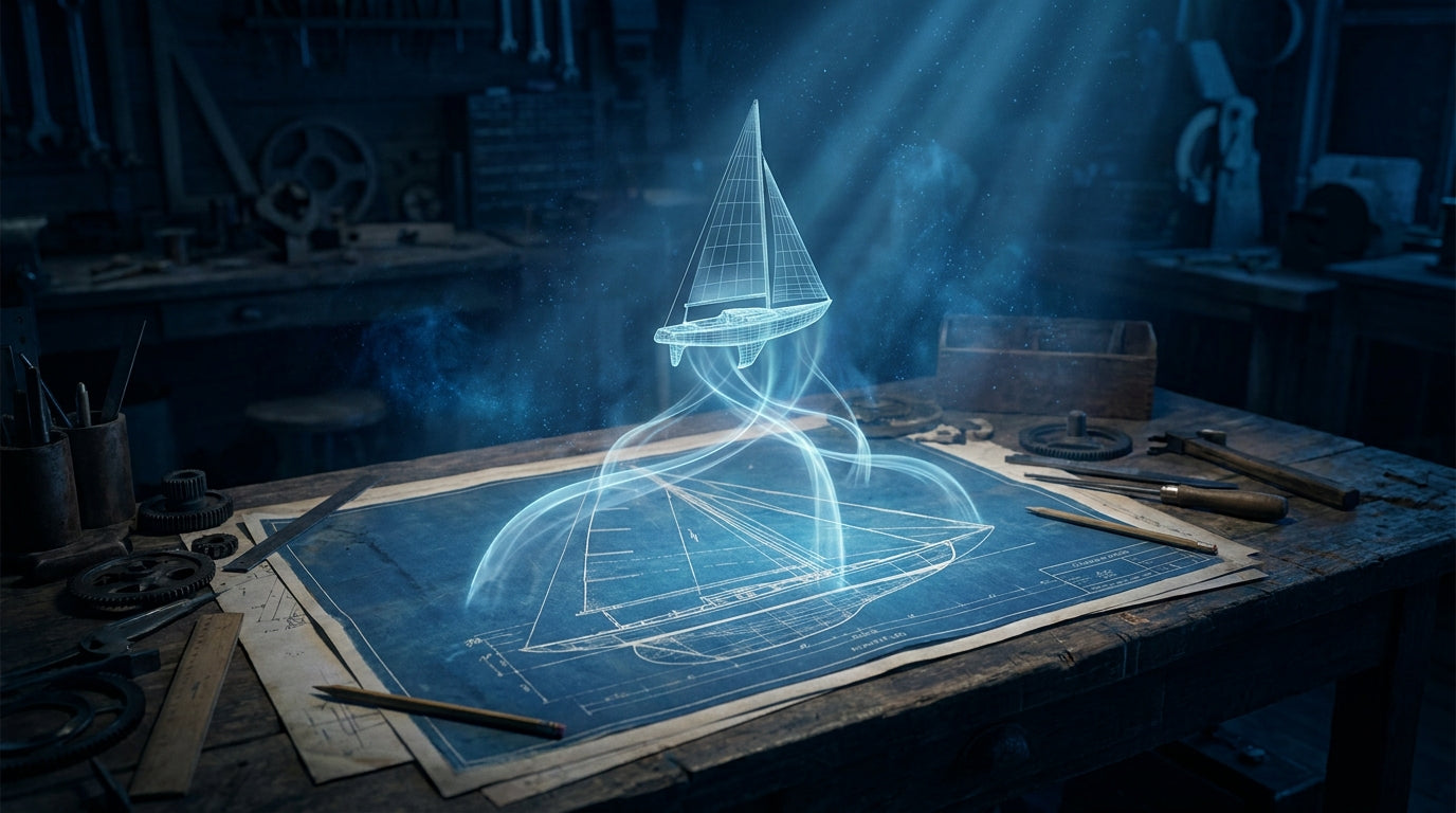 A sloop's blueprint lifting off the drafting sheet as glowing linework